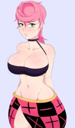 1girls aged_up belly belly_button big_breasts blush breast_rest breasts busty child_bearing_hips choker cleavage collarbone curvy female female_only g3mma green_eyes groin highres jojo's_bizarre_adventure large_breasts lips looking_at_viewer navel pink_hair shounen_jump simple_background solo stomach strapless sweat trish_una tubetop vento_aureo voluptuous white_background wide_hips rating:Questionable score:260 user:spk120