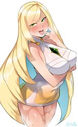 1girls blonde_hair blush breasts dress female female_only green_eyes human human_only light-skinned_female light_skin lightsource long_hair looking_at_viewer lusamine_(pokemon) mature_female milf mother nintendo open_mouth pokemon pokemon_sm seductive solo solo_female tongue tongue_out rating:Explicit score:165 user:daft_human