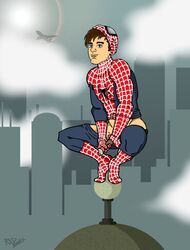  1boy holding_penis looking_at_viewer male male_only marvel pants_down penis peter_parker red_bones solo spider-man spider-man_(series) squatting straight_hair superhero unmasked  rating:explicit score: user:bot