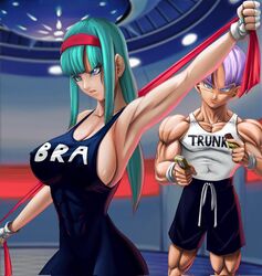 1boy 1girls abs big_breasts blue_eyes blue_hair bra_(dragon_ball) bra_briefs brother_and_sister dragon_ball dragon_ball_super elitenappa female female_saiyan long_hair male male_saiyan saiyan sideboob stretching trunks_briefs workout rating:Explicit score:72 user:moistlover