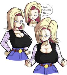 1girls android_18 big_breasts blonde_hair blue_eyes breasts cyborg dialogue dragon_ball dragon_ball_super dragon_ball_z earrings erect_nipples erect_nipples_under_clothes female female_only fully_clothed huge_breasts large_breasts light-skinned_female light_skin nipples pseudocel shounen_jump smug_face solo solo_female speech_bubble tight_shirt top_heavy rating:Safe score:238 user:TnAPlay