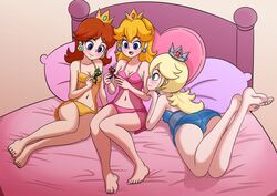 3girls ass barefoot bed bed_sheet bedroom blonde_female blonde_hair blue_bra blue_eyes blue_panties blue_underwear blush bra breasts brown_hair clothing crown earrings eyebrows_visible_through_hair eyelashes feet female female_only figure fufan headwear high_resolution jewelry laying_on_bed legs luigi mario mario_(series) mostly_nude multiple_girls nail_polish negligee nightgown nintendo on_bed orange_bra orange_underwear pantsu pillow pink_bed_sheet pink_bra pink_nails pink_panties playing princess_daisy princess_peach princess_rosalina sleepover sleepwear smile super_mario_bros. toenail_polish toenails toes toy underwear very_high_resolution wholesome yellow_panties rating:Explicit score:122 user:mlstpn