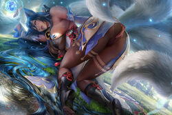 1girls ahri big_breasts cosplay face_down_ass_up ganyu_(genshin_impact)_(cosplay) genshin_impact league_of_legends looking_at_viewer overflowing_breasts sakimichan see-through_clothing thick_thighs rating:Explicit score:109 user:The_Realistic