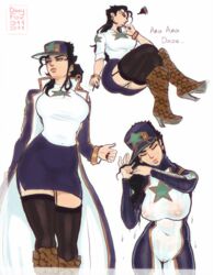 big_breasts big_hips black_hair bracelets coat cyan_eyes dirtyfox911911 exposed_panties fully_clothed hairbun hat heels jojo's_bizarre_adventure jotaro_kujo mother rule_63 see-through_clothing self_upload short_skirt skirt stone_ocean thick_thighs tight_clothing visible_underwear wet wetsuit rating:Questionable score:188 user:dirtyfox911911