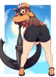 aged_up anchor back_view backpack bent_over bike_shorts brown_hair female guilty_gear guilty_gear_strive hat may_(guilty_gear) orange_clothing orange_sweater shorts skull_hair_ornament spats taigerarts rating:Questionable score:438 user:Pervert_Brat