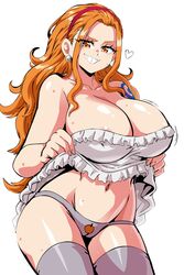 1girls areola_slip areolae big_breasts brown_eyes dress_lift ear_piercing female female_only grin hair_pulled_back hairband huge_breasts lewdamone long_hair midriff nami one_piece orange orange_hair panties post-timeskip skirt_lift smug smug_grin solo tattoo thick thick_thighs thighhighs voluptuous white_background rating:Questionable score:401 user:lespam_605