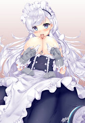 areolae azur_lane belfast_(azur_lane) blue_eyes blush braid breast_sucking breasts breasts_out chains commentary_request eyebrows_visible_through_hair female gloves gradient gradient_background highres large_breasts licking licking_nipple long_hair looking_at_viewer maid maid_headdress nipples open_mouth sakamiya_tsuto saliva self_breast_sucking signature silver_hair solo tongue white_gloves rating:Questionable score:22 user:masternoobcake