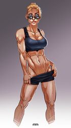 1girls 2d abs absurd_res andava athletic bare_shoulders blonde_hair blue_eyes breasts cassie_cage cleavage female female_focus female_only grin gym_shorts highres looking_at_viewer looking_over_eyewear looking_over_glasses looking_over_sunglasses mortal_kombat mortal_kombat_x muscular muscular_female navel short_shorts shorts smile smirk sunglasses sweat sweatdrop sweating thighs tied_hair tinted_eyewear undressing rating:Questionable score:175 user:MrLW13