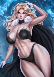 1girls abs arm_up armpit big_breasts black_cape black_clothing blonde_hair blue_eyes blue_lips blue_lipstick blue_makeup bra breasts cape child_bearing_hips cleavage clothed clothing dandon_fuga earrings emma_frost female female_focus female_only fit fit_female fur_trim gloves hips large_breasts lingerie lipstick long_hair marvel marvel_comics mature mature_female navel navel_piercing piercing slim_girl slim_waist solo solo_female solo_focus superheroine thick_thighs thighs toned toned_body toned_female toned_stomach underwear white_gloves wide_hips winter x-men rating:Safe score:91 user:Hentai_Bro69