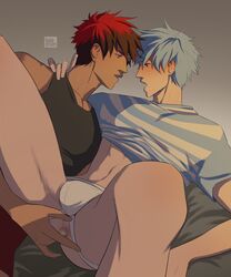 2boys anal_fingering blue_hair blush eye_contact fingering fingering_partner fingers_in_ass gay haledrum jockstrap kuroko_no_basuke looking_at_partner male male/male male_only red_hair taiga_kagami tetsuya_kuroko yaoi rating:Explicit score:50 user:deleted7703