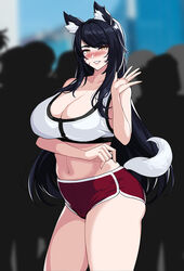 1girls ahri animal_ears black_hair blush breasts cleavage clothed clothing drogod_(artist) female female_only hotpants huge_breasts kemonomimi league_of_legends looking_at_viewer solo waving yellow_eyes rating:Questionable score:129 user:Fried_Pear