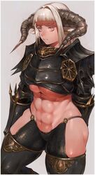 1girls 2020 abs armor big_breasts breasts female female_focus horns ibuo looking_at_viewer muscular muscular_female simple_background solo solo_female solo_focus thick_thighs thighhighs thighs underboob white_background white_hair rating:Questionable score:95 user:LostinSauce