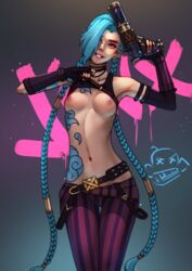 1girls arcane arcane_jinx belt blue_hair breasts casual cyan_hair firearm footwear globburt handgun handwear human jinx_(league_of_legends) league_of_legends mostly_clothed nipples pale_skin riot_games shirt_lift skinny skinny_girl solo tattoo thigh_gap tummy twintails weapon rating:Explicit score:254 user:Redoshia