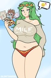 age_difference big_eyes kid_icarus kid_icarus_uprising larger_female long_green_hair milf nintendo older_female palutena pit pit_(kid_icarus) pizza red_panties silenttandem size_difference smaller_male younger_male rating:Questionable score:176 user:MushroomK_RP