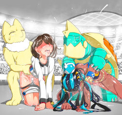 2girls audience being_watched black_hair black_panties blue_hair bottomless breasts brown_hair clothed_female clothed_sex clothing crowd dark-skinned_female dark_skin dominant_feral drednaw drooling exhibitionism female female_human female_on_feral femsub feral feral_on_female gloria_(pokemon) gym_leader hands_on_hips human human_on_feral hypno interspecies light-skinned_female male_pokemon male_pokemon/female_human maledom nessa_(pokemon) nintendo no_panties panties_down penetration penis pokemon pokemon_ss pokephilia public_bestiality public_nudity public_sex sex shorts_down sportswear sweat tongue_out wet_pussy wet_skin yuuri_splatoon zoophilia rating:Explicit score:410 user:not-kanye