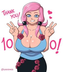 1girls big_breasts blue_eyes blue_shirt boobs breast_focus breasts cleavage english english_text female female_focus female_only flowers hearts huge_breasts jojo's_bizarre_adventure jojolion light-skinned_female light_skin long_hair luckyshazo open_clothes pink_hair simple_background skirt smile smiling smiling_at_viewer solo solo_female solo_focus text thank_you white_background yasuho_hirose rating:Explicit score:115 user:mr.sparkle