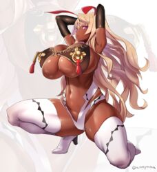 1girls amamiya_(abaros) ammymma armpits arms_behind_head bare_midriff bare_shoulders belly_button blonde_hair breasts bunny_ears cleavage dark-skinned_female dark_skin detached_sleeves heels itou_ittousai_(sengoku_bushouki_muramasa) large_breasts long_gloves long_hair looking_at_viewer looking_to_the_side navel navel_line nipple_tassels on_one_knee purple_eyes sengoku_bushouki_muramasa sideboob tagme thick_penis thick_thighs thighhighs underboob white_legwear white_panties wide_hips rating:Questionable score:111 user:CalZone