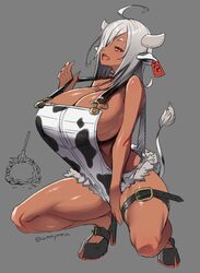 1girls amamiya_(abaros) ammymma breasts cleavage cow_ears cow_girl cow_horns cow_print cow_tail cowgirl dark-skinned_female dark_skin ear_piercing ear_tag female female_focus female_only grey_hair hair_over_one_eye heels horns large_breasts looking_at_viewer looking_to_the_side open_mouth overalls red_eyes side_view sideboob solo solo_female solo_focus tagme thick_thighs thigh_strap thighs rating:Questionable score:134 user:CalZone