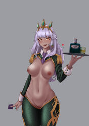 :d absurdres alcohol bangs bottle breasts celdalin condom cowboy_shot dark-skinned_female dark_skin eyebrows_visible_through_hair female glass green_legwear grey_background hair_ornament hand_up highres holding holding_condom holding_tray large_breasts league_of_legends lips long_hair long_sleeves looking_at_viewer meme_attire navel necktie nipples purple_necktie pussy pussy_juice qiyana_yunalai reverse_bunnysuit reverse_outfit shiny shiny_hair shiny_skin short_necktie simple_background smile solo teeth tray rating:Explicit score:136 user:bot