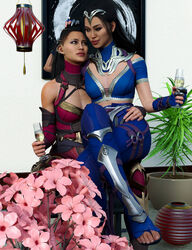 2girls 3d bisexual_(female) black_hair celebration champagne clone drinking edenian female female_only fingerless_gloves flower hand_on_head hand_on_thigh head_pat implied_incest kitana kiteena long_hair mileena mortal_kombat mortal_kombat_1_(2023) princess rayalterego23 royalty seductive_look seductive_smile sisters sitting_on_knee sitting_on_lap straddling toes twincest twins yuri rating:Questionable score:26 user:movesetmain