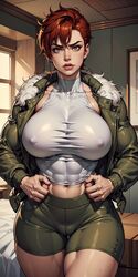  abs ai_generated big_breasts grey_eyes huge_breasts jacket muscular_female muscular_thighs parahumans procyon_ai rachel_lindt red_hair short_hair thick_lips thick_thighs tight_clothing wide_hips  rating:explicit score: user:procyon_v