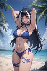 1girls ai_generated beach bikini bleached blue_bikini blue_hair body_markings breasts cleavage collar female female_only long_hair multicolored_hair navel purple_eyes queen_of_hearts shylily smile solo standing swimwear tail tattoo tattoos thighs virtual_youtuber vtuber yuroart rating:Explicit score:171 user:yuroart