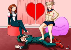 1boy 2girls arlioth barefoot boku_no_hero_academia denki_anma dominant_female femdom foot_domination foot_fetish foot_on_crotch foot_on_face footjob footjob_over_clothes himiko_toga izuku_midoriya midoriya_izuku my_hero_academia ochako_uraraka ochako_uraraka_(hero_outfit) standing standing_footjob stepped_on stepping_on_penis submissive_male teamwork toga_himiko trample trampling uraraka_ochako valentine's_day rating:Explicit score:51 user:zero96