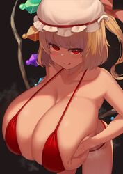 alternate_breast_size big_breasts bikini brat breasts facominn flandre_scarlet gigantic_breasts hyper_breasts leaning_forward licking_lips mesugaki presenting_breasts red_bikini skindentation smug smug_face steaming_body touhou rating:Explicit score:121 user:ADDBD