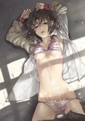 1girls after_sex amagami arms_up azuma_ren blush bondage bra breasts chains cum cum_inside cum_on_belly cum_on_body cum_on_breasts cum_on_clothes cum_on_face cum_on_floor cum_on_lower_body cum_on_upper_body cum_pool cumdrip east_(artist) face facial female handcuffs highres lingerie looking_at_viewer lying medium_breasts on_back open_clothes open_mouth open_shirt panties pleated_skirt shirt short_hair skirt skirt_pull solo tanamachi_kaoru underboob underwear rating:Explicit score:156 user:bot