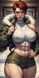  ai_generated cameltoe frown huge_breasts looking_at_viewer muscular_female muscular_thighs parahumans procyon_ai rachel_lindt sports_bra sportswear thick_thighs wide_hips  rating:explicit score: user:procyon_v