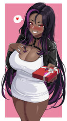 1girls 2022 black_hair blush breasts brown_skin cleavage dark-skinned_female dark_skin dress drogod_(artist) female female_only hips holding_object huge_breasts jacket long_hair long_nails looking_at_viewer original original_character painted_nails pluto_(drogod) purple_highlights red_eyes short_dress slim_waist smile spoken_heart thick_thighs thighs valentine's_day very_long_hair wide_hips rating:Questionable score:249 user:Cero_Oscuras