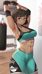 abs brown_hair brown_skin cute eroblast female glasses gloves gym gym_clothes looking_at_viewer sarah:eroblast smiling stretching thunder_thighs wearing_glasses rating:Explicit score:63 user:6Unholy_Mind9