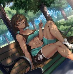 1girls abs athletic_female brown_hair brown_skin eroblast glasses holding_phone public sarah:eroblast shoes smiling solo trees wearing_glasses rating:Explicit score:43 user:6Unholy_Mind9