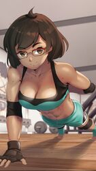 abs big_breasts boobs breasts brown_hair brown_skin cleavage eroblast female flexing glasses gloves gym gym_clothes looking_at_viewer one-handed_push_up push-up sarah:eroblast strong training rating:Explicit score:66 user:6Unholy_Mind9