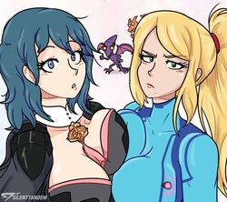 2girls asymmetrical_docking background_character blue_eyes blue_hair breasts_to_breasts byleth_(fire_emblem) byleth_(fire_emblem)_(female) charizard clothed clothing crossover female fire_emblem fire_emblem:_three_houses metroid nintendo pokemon ridley samus_aran silenttandem thumbs_up white_skin yuri rating:Questionable score:66 user:Redguy7