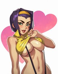 1girls 2022 big_breasts breasts clothing cowboy_bebop faye_valentine female female_only looking_at_viewer rizdraws shirt_lift short_hair solo underboob white_background rating:Explicit score:388 user:Redoshia