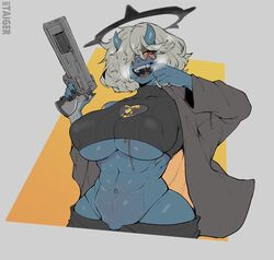 1girls abs big_breasts blue_skin breasts cleavage curvy demon demon_girl demon_horns firearm grin guilty_gear guilty_gear_strive gun hair_over_one_eye halo handgun happy_chaos huge_breasts looking_at_viewer midriff muscular muscular_female nipple_bulge open_mouth orange-tinted_eyewear revolver rule_63 sharp_teeth short_hair smile sunglasses taigerarts tinted_eyewear underboob weapon white_hair wide_hips rating:Questionable score:427 user:Yuron