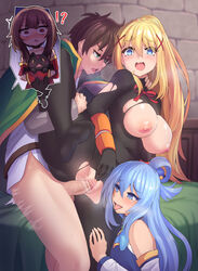 ! !? 1boy 3girls ? ?! aqua_(konosuba) bangs bar_censor bare_shoulders black_bodysuit blonde_hair blue_eyes blue_hair blue_shirt blush bodysuit breasts brown_hair cape caught caught_in_the_act censored chomusuke clothed_sex cuckquean darkness_(konosuba) detached_sleeves dress goddess green_cape green_eyes hair_ornament hair_rings highres kazu-koto kazukoto kono_subarashii_sekai_ni_shukufuku_wo! large_breasts leg_up long_hair long_sleeves looking_at_viewer megumin multiple_girls netorare nipples one_leg_up open_mouth penis ponytail pussy red_dress red_eyes reverse_netorare satou_kazuma sex shirt short_hair short_hair_with_long_locks sidelocks smile spread_legs standing standing_on_one_leg straight thighs torn_bodysuit torn_clothes vaginal_penetration white_shirt white_sleeves x_hair_ornament rating:Explicit score:279 user:bot