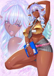 1girls 2022 armpits arms_up artist_name artist_signature belt belt_buckle belt_skirt big_breasts bikini bra bracelet breasts business_suit busty cleavage dark-skinned_female dark_elf dark_skin detached_collar ear_piercing ear_piercings earrings elf elf_female eyebrows_visible_through_hair eyelashes eyeliner eyeshadow fanbox female female_elf female_focus female_only fingernails formal ganguro gold gold_bikini gold_clothing golden_bikini gyaru hand_on_own_head heart heart_earrings hi_res high_heels high_resolution highres hourglass_figure huge_breasts jewelry kogal kuro_gyaru lace-trimmed_panties lace_trim lace_trim_panties lingerie lips lipstick long_fingernails long_hair lots_of_jewelry makeup mascara massive_breasts microskirt miniskirt multicolored_hair multiple_piercings multiple_views nail_polish necktie necktie_between_breasts no_shirt office_lady only_female original original_character panties pantyshot pantyshot_(standing) piercing pink_belt pink_lips pink_lipstick pink_nail_polish pink_nails pointy_ears ring sharp_fingernails silver_hair skirt solo solo_female solo_focus standing standing_on_one_leg striped_skirt swimsuit tatsunami_youtoku thong very_long_hair voluptuous white_panties white_stripes wide_hips year rating:Explicit score:198 user:ron50