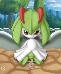 color day female female_only front_view green_hair green_skin hair insertion kirlia kneeling nintendo outdoors pokémon_(species) pokemon pokemon_rse red_eyes solo tagme tricksta vulva rating:Explicit score:7 user:bot