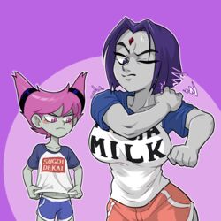 2girls big_breasts breast_envy breast_size_difference breasts centinel303 clothed clothed_female dc dc_comics female female_focus female_only flat_chest flat_chested fully_clothed grey_skin jealous jinx_(dc) large_breasts long_hair looking_at_another mega_milk meme multiple_girls pink_hair purple_hair rachel_roth raven_(dc) short_hair size_difference small_breasts smooth_skin sugoi_dekai t-shirt teen_girl teen_titans tight_fit rating:Questionable score:151 user:Joker_7800