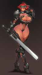 armor bare_midriff bare_shoulders belly_button bikini bikini_armor boob_window breasts cleavage dark-skinned_female dark_skin functionally_nude functionally_nude_female gauntlets gurimjang holding_object holding_weapon inner_sideboob large_ass large_breasts looking_at_viewer navel original pauldrons red-haired_warrior_(gurimjang) red_hair short_hair sideboob sling_bikini sword tagme tan_skin tanned thick_thighs thighhighs thighs weapon yellow_eyes rating:Questionable score:64 user:CalZone