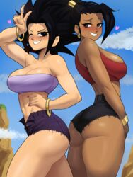 2022 2girls ass ass_focus ass_shot back back_view big_ass big_breasts bimbo black_hair blush booty_shorts breasts brown_skin bubble_butt caulifla clothed clothed_female dragon_ball dragon_ball_super echosaber female female_only female_saiyan hi_res high_ponytail huge_ass huge_breasts kale looking_at_viewer outdoors ponytail saiyan short_shorts shorts spiky_hair tan-skinned_female tan_skin thick_thighs thighs tubetop universe_6 universe_6_girls v v_sign very_high_resolution wink rating:Questionable score:743 user:Cero_Oscuras