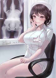 1girls absurdres bangs bare_legs big_breasts blush breasts brown_eyes brown_hair chowbie collared_dress dress eyelashes eyeliner female female_focus female_only hand_in_hair highres hospital id_card indoors large_breasts looking_at_viewer makeup nurse nurse_cap nurse_uniform office_chair original revision short_dress short_hair sitting solo solo_female straight_hair white_dress wristband x-ray_film rating:Questionable score:163 user:AutumnAlex