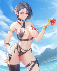 1girls alternate_costume alternate_version_available asymmetrical_hair azto_dio bikini bikini_bottom_only black_hair blue_sky breasts cleavage cloud commentary cowboy_shot criss-cross_halter drink english_commentary female fire_emblem fire_emblem:_three_houses halterneck highres holding holding_drink large_breasts multi-strapped_bikini navel nintendo ocean red_eyes revision rock shamir_nevrand short_hair side-tie_bikini single_thighhigh sky solo swimsuit thigh_strap thighhighs underbust wet rating:Questionable score:103 user:kris923