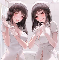 2girls absurdres big_breasts blush breasts brown_eyes brown_hair chowbie cleavage clothed collared_dress dress eyelashes eyeliner female female_focus female_only gloves highres hospital large_breasts latex_gloves lipstick long_hair looking_at_viewer makeup medium_hair navel nurse nurse_cap nurse_uniform original parted_lips slq twins white_gloves rating:Questionable score:157 user:AutumnAlex