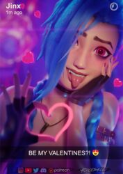 3d blue_hair female forceballfx heart instagram jinx_(league_of_legends) league_of_legends looking_at_viewer nail_polish tongue tongue_out valentine's_day rating:Explicit score:494 user:SpyderBubble