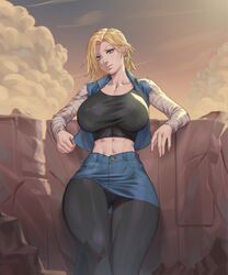 1girls alternate_version_available android_18 arttoru athletic_female blonde_hair blue_eyes dragon_ball dragon_ball_z female female_only fully_clothed hourglass_figure huge_breasts solo thick_thighs rating:Safe score:189 user:The_Realistic