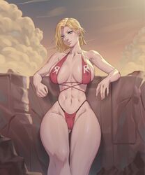 1girls alternate_version_available android_18 arttoru athletic_female bikini blonde_hair blue_eyes dragon_ball dragon_ball_z female female_only hourglass_figure huge_breasts solo swimsuit thick_thighs thong thong_bikini rating:Questionable score:172 user:The_Realistic