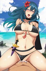 1girls absurd_res alternate_costume beach bikini black_bikini black_swimsuit blue_eyes breasts byleth_(fire_emblem) byleth_(fire_emblem)_(female) cowgirl_position cum cum_in_pussy cum_inside female female_focus female_on_top female_penetrated fire_emblem fire_emblem:_three_houses fire_emblem_heroes girl_on_top hair_flower hi_res hibiscus knife lainart large_breasts long_hair male nintendo ocean official_alternate_costume open_mouth outdoors pov red_flower sex solo_focus swimsuit teal_hair tongue tongue_out vaginal_penetration rating:Explicit score:69 user:kris923